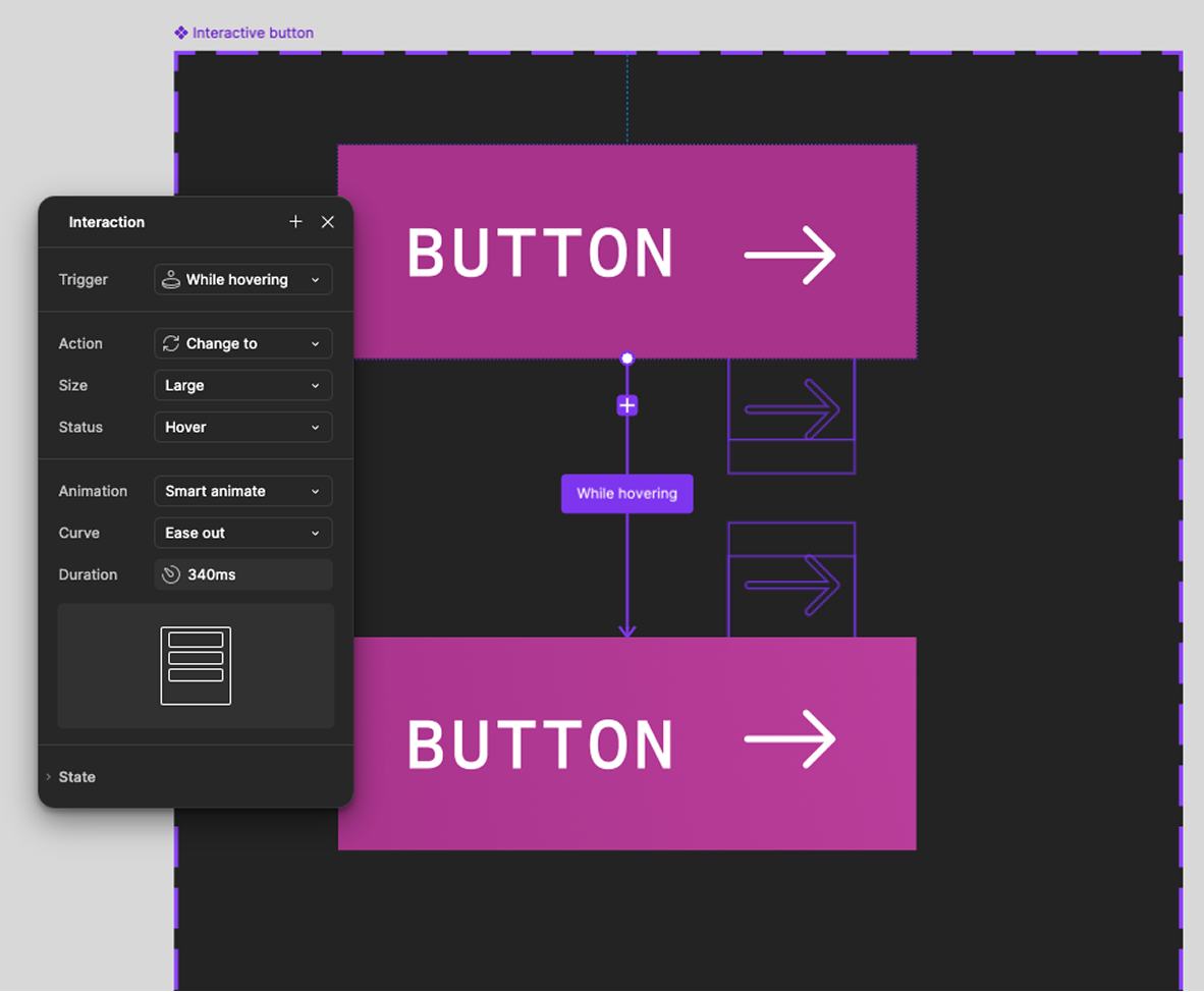 Screenshot of the interactive button component and its animation properties.